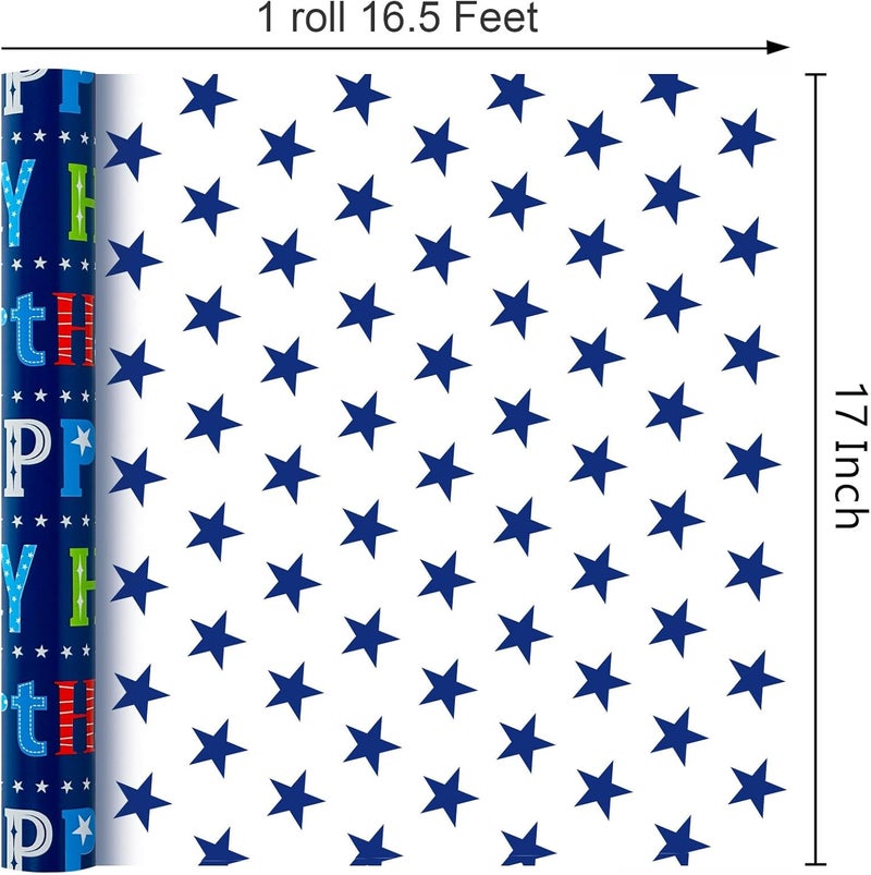 MAYPLUSS Happy Birthday Wrapping Paper Roll - 17 Inch X 16.5 Feet - Metallic Navy Blue Star Birthday Gift Wrapping Paper for Men, Boy, Baby Shower, Holiday - Image 4